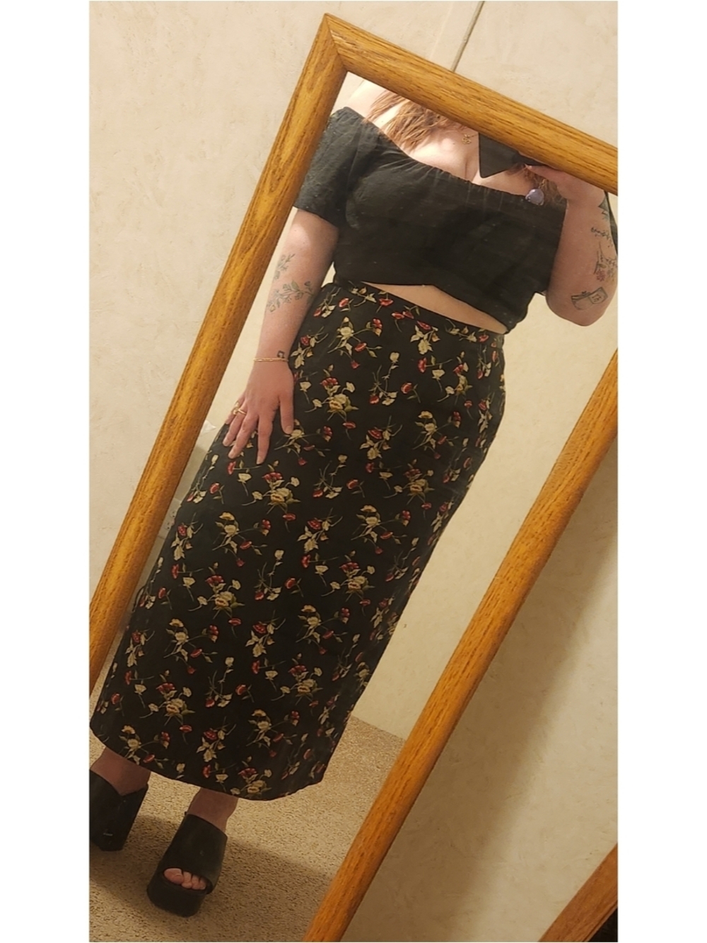 Vintage Kathie Lee Collection Black Maxi Skirt with Red and Green Floral Print